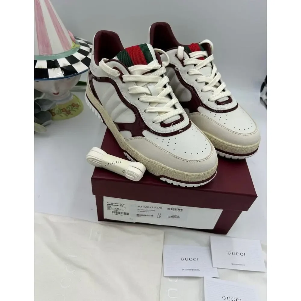 Men's Gucci re-web sneakers in white leather and patent trim sz 11 fits 11.5 US